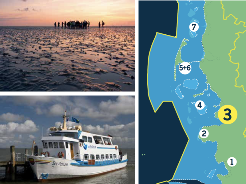 Compilation of a map of the Schleswig Holstein Wadden Sea and two pictures: exposed mudflats in dawn with group of hikers on horizon, ferry at kai.