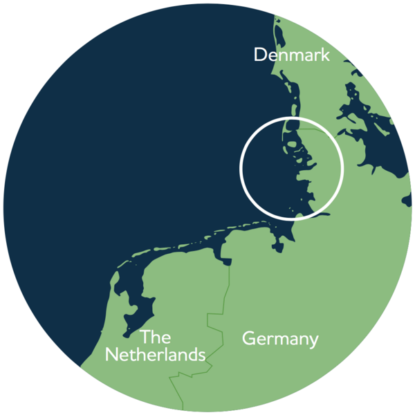 Map of Wadden Sea coastline with circle of Schleswig-Holstein part.